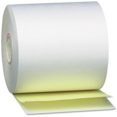 3 x 90' 2-Ply White/Canary Carbonless Paper Rolls 10/bx, #A239010