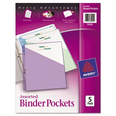 Avery Binder Pockets, Assorted Colors, 3 Ring, 5/Pack Binder pockets, sheet protectors