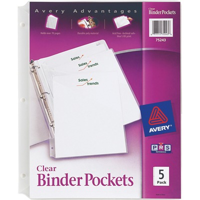 Avery Clear Binder Pockets, 3 Ring, 5/Pack Binder pockets, sheet protectors