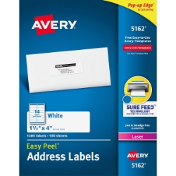 Avery Easy Peel Address Labels, 1 1/3" x 4", White, 1400/Pack, Laser ave5162, Laser Address Labels, avery Address Labels