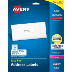 Avery Easy Peel Address Labels, 1" x 2 5/8", White, 750/Pack, Laser ave5260, Laser Address Labels, avery Address Labels
