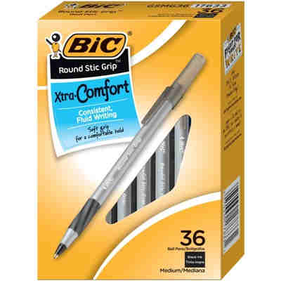 BIC Round Stic Grip Xtra Comfort Ballpoint Pen, Black, Medium, 36/Pack Pen, Black pens