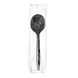 Black Disposable Soup Spoons Wrapped Individually, Medium Weight, 1000 black plastic soup spoons, individually wrapped disposable spoons, bulk plastic spoons, to go cutlery, carry out spoons