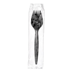 Black Disposable Sporks Individually Wrapped, Medium Weight, 1000/Case black plastic sporks, restaurant disposable sporks, bulk individually wrapped plastic sporks, to go cutlery wrapped, disposable black sporks