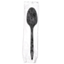 Black Disposable Teaspoons Wrapped Individually, Medium Weight, 1,000 black plastic spoons individually wrapped, restaurant disposable teaspoons, bulk wrapped plastic spoons, to go cutlery, disposable black teaspoons