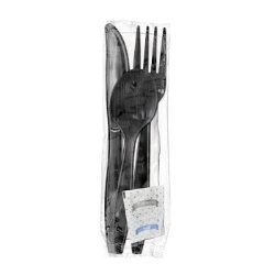 Black Wrapped Cutlery: Fork, Soup Spoon, Knife, Napkin, S & P,250/Case black plastic cutlery kit individually wrapped, restaurant disposable cutlery kit, bulk wrapped plastic utensils, to go cutlery, disposable black cutlery kit