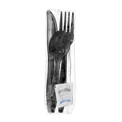 Black Wrapped Cutlery: Fork, Soup Spoon, Knife, Napkin, S & P,250/Case black plastic cutlery kit individually wrapped, restaurant disposable cutlery kit, bulk wrapped plastic utensils, to go cutlery, disposable black cutlery kit
