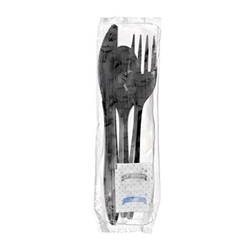 Black Wrapped Cutlery: Fork, Teaspoon, Knife, Napkin, S & P, 250/Case black plastic cutlery kit individually wrapped, restaurant disposable cutlery kit, bulk wrapped plastic utensils, to go cutlery, disposable black cutlery kit