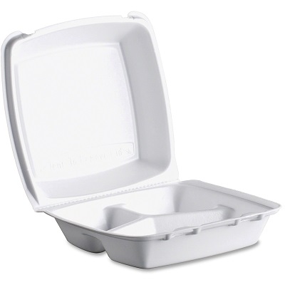 Dart 3-Compartment Foam Take-Out Container, 8.5" x 8", 200/Case take-Out Box, carry out container, Styrofoam container