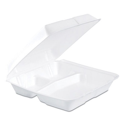 Dart 3-Compartment Foam Take-Out Container, 9.3" x 9.5", 200/Case White Biodegradable Take-Out Box, carry out container, Styrofoam container