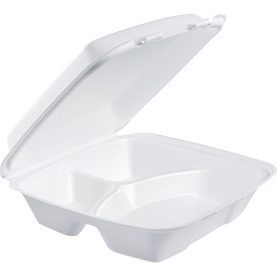 Dart 3-Compartment Foam Take-Out Container, 9" x 9", 200/Case White Biodegradable Take-Out Box, carry out container, Styrofoam container
