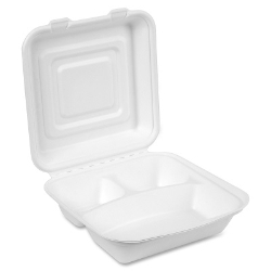Dixie EcoSmart 3-Compartment Take-Out Container, 9.4" x 9.4", 250/Case White Biodegradable Take-Out Box, carry out container, Styrofoam container