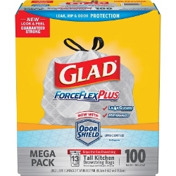 Glad ForceFlex Tall Kitchen Drawstring Trash Bags, 13 gal, 100/Box ForceFlex Trash Bags, 13 gal trash bags
