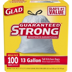 Glad Tall Kitchen Drawstring Trash Bags, 13 gal, 100/Box glad Trash Bags, 13 gal trash bags