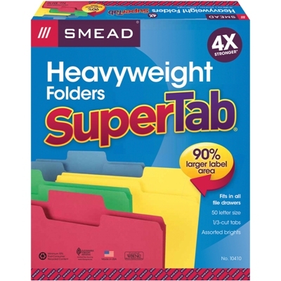 Smead SuperTab? Heavyweight File Folders, 1/3 Tab Cut, 50/Box, Assorted Colors file folders, 1/3 cut folders, color folders