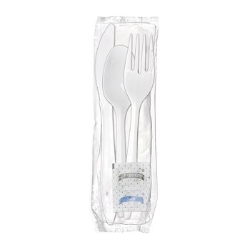 White Wrapped Cutlery: Fork, Teaspoon, Knife, Napkin, S & P, 250/Case white plastic cutlery kit individually wrapped, restaurant disposable cutlery kit, bulk wrapped plastic utensils, to go cutlery, disposable white cutlery kit