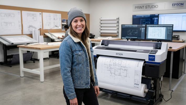 Epson bond paper printer and a woman standing infront of it.