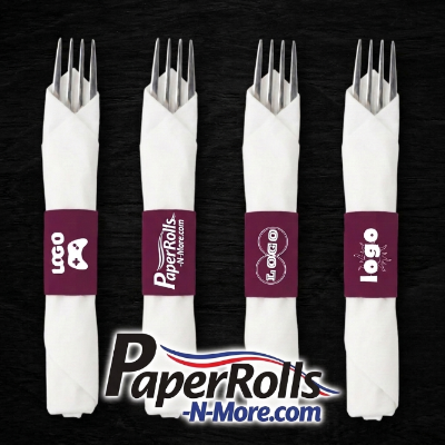 Four custome napkin bands with custome company logos on them