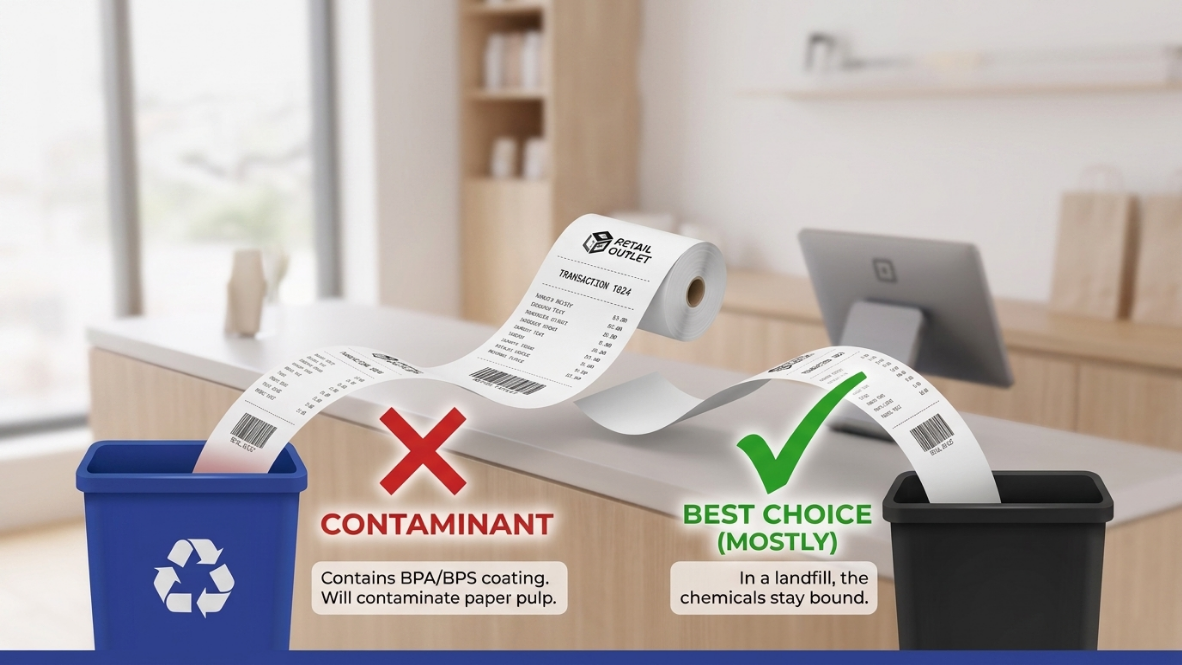 Guide to recycling thermal receipt paper showing a receipt above recycling and trash bins