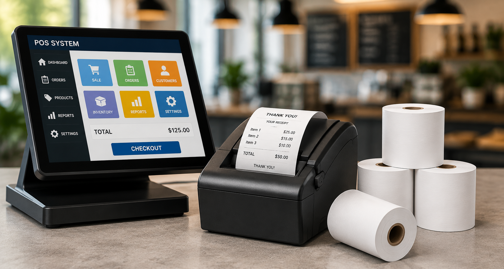 POS printer model and four thermal paper rolls