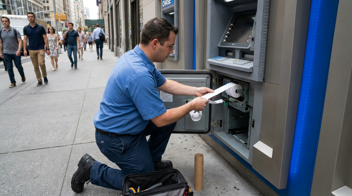 Man replacing the thermal reciept paper roll on a ATM